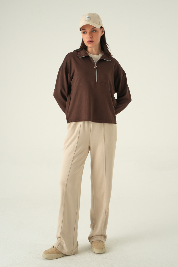 8249A سويت شيرت بسحاب نصفي بني اللون - 3