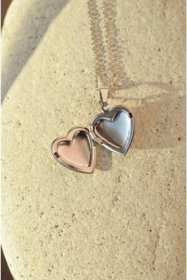 Silver Color Photo Cap Steel Heart Necklace