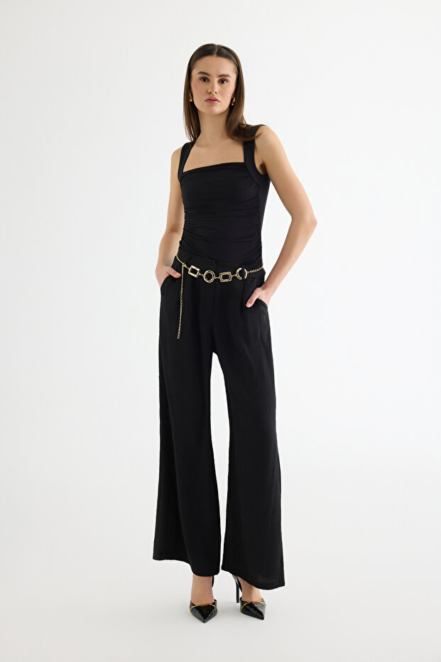 Chain Belted Wide Leg Satin Trousers Black
