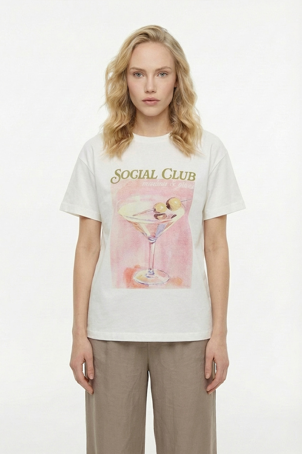 Kokteyl Printed Crew Neck T-Shirt Ecru