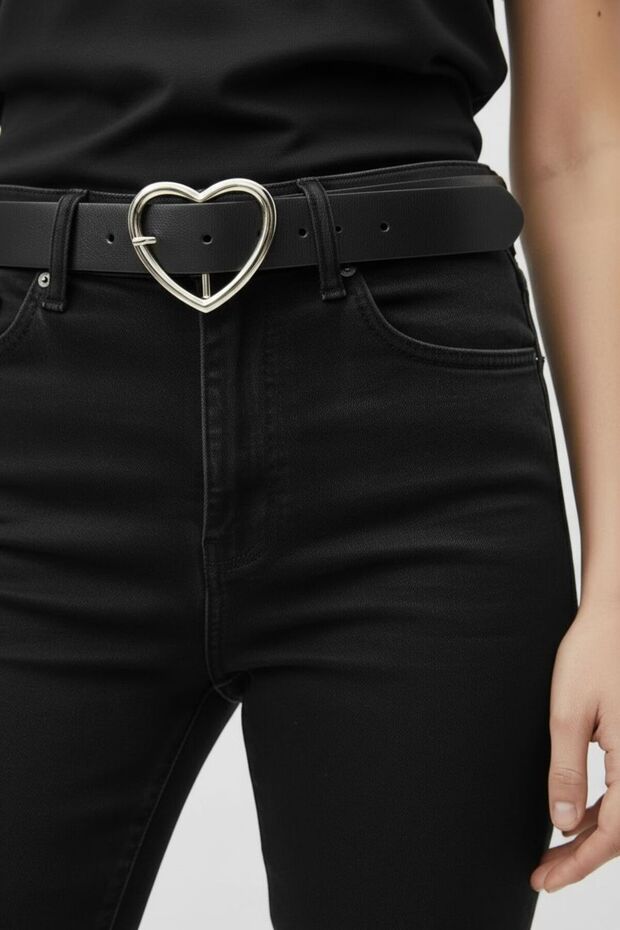 Women's Black Belt with Heart Buckle, Jean Belt, Jacket Belt, Trouser Belt