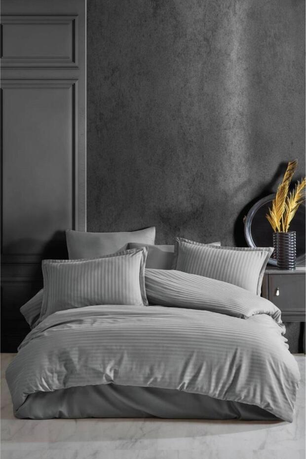 Clasy Striped Satin Duvet Cover Set Double Gray