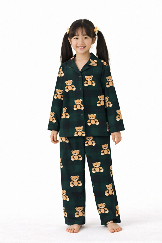 Green Patterned Long Sleeve Button Front Shirt Collar Girls Pajama Set