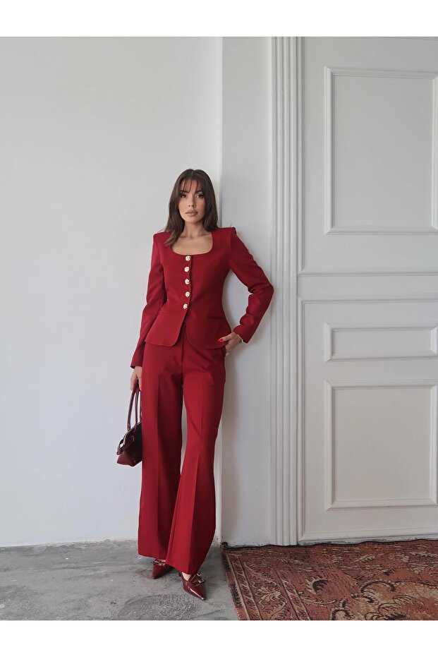 Jane Button Tailored Suit Bordo - 6