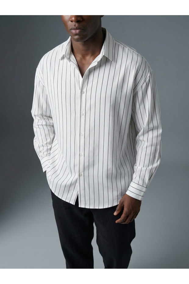 Men's Striped Relaxed Fit Button-Up Cotton Modern Shirt K3007G