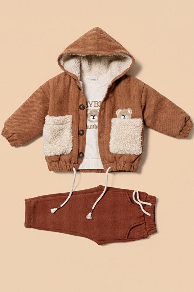 Winter Corduroy Vest Bear Printed 3 Piece Set Vest-Top-Bottom