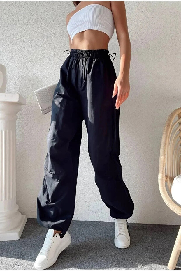 Women's Black Parachute Fabric Pants
