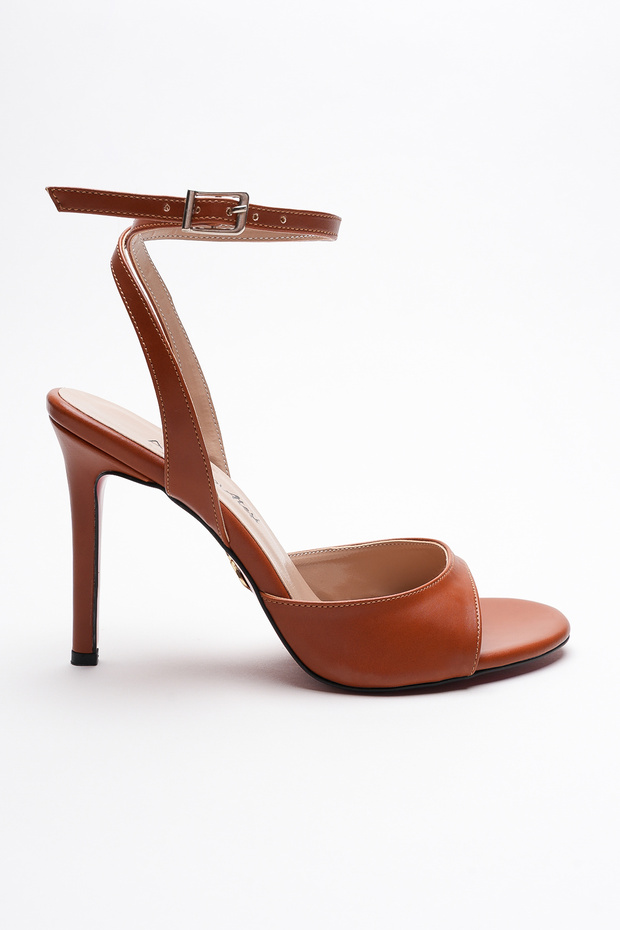 Women's Thin Band Back Helmet Heeled Shoes Livora Tan Skin