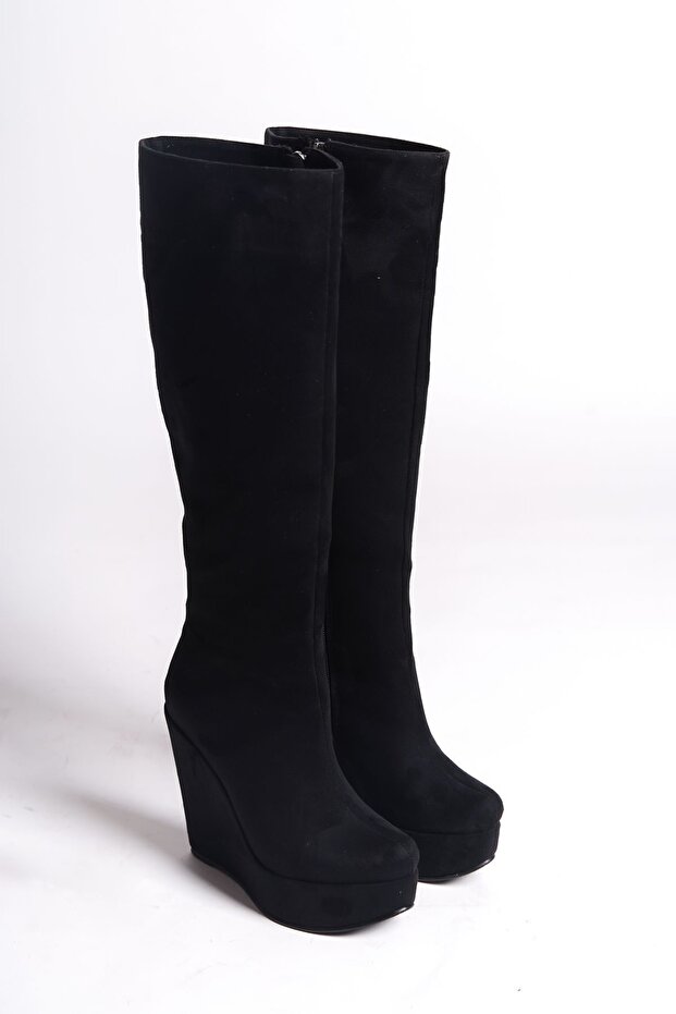 Black Suede Wedge Heeled Women's Boots Kelly