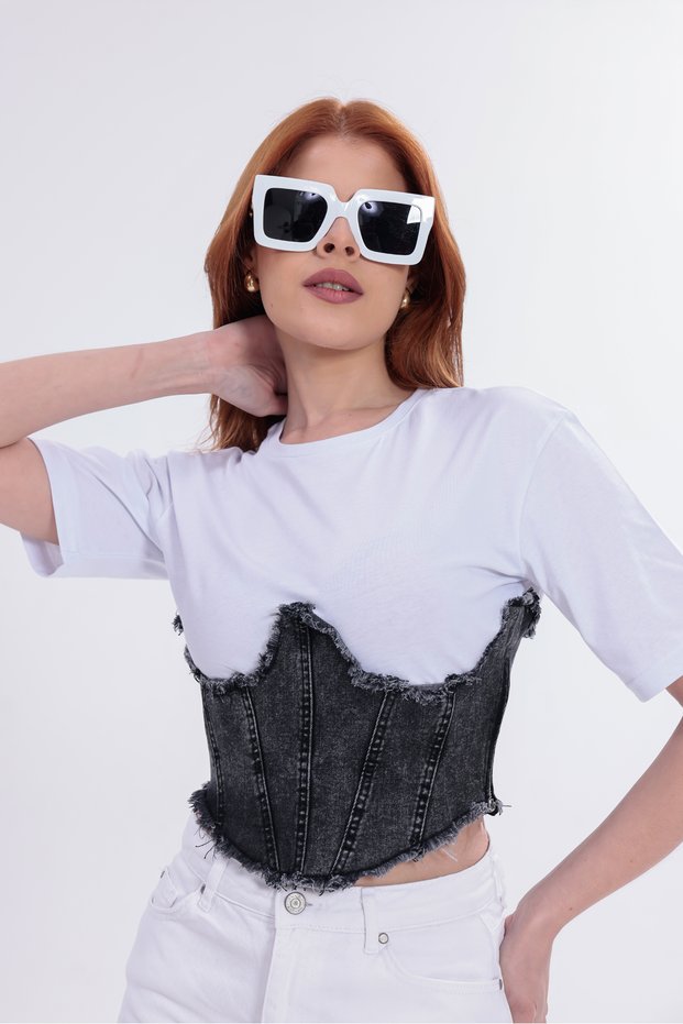 DAME Women's Denim Corset Detail Jersey T-shirt