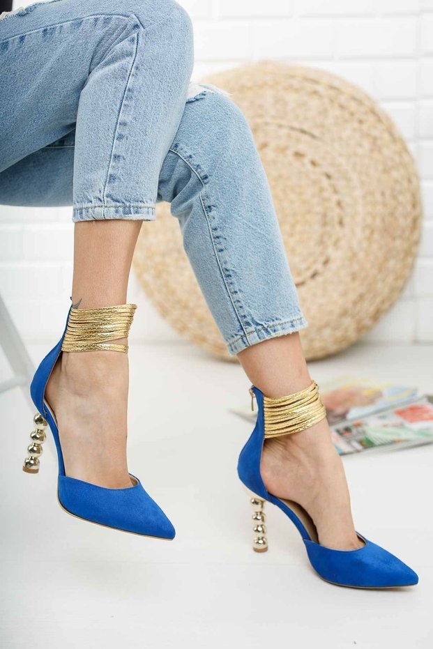 Sax Satin Twist Heeled Gold Piping Women's Stiletto Shoes Miny