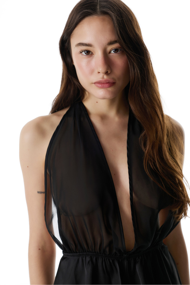 Siyah Chiffon Teddy Tulum - 4