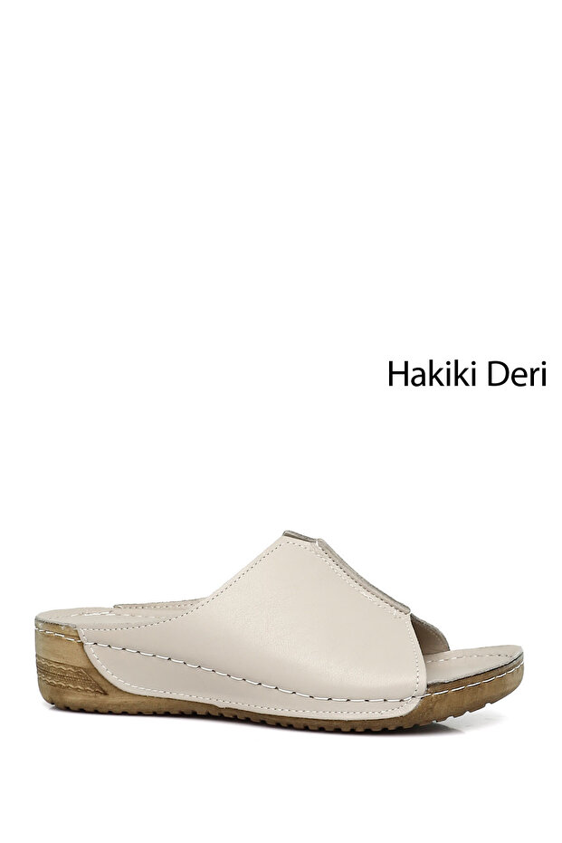 Women's Cream Genuine Leather Slippers