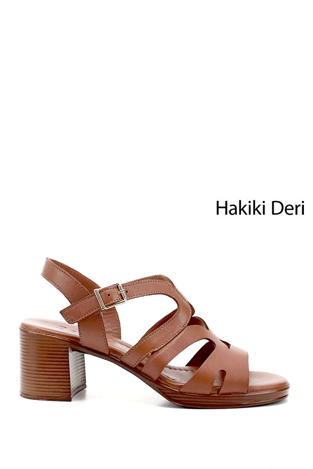 Women's Tan Antique Thick Heeled Genuine Leather Sandals