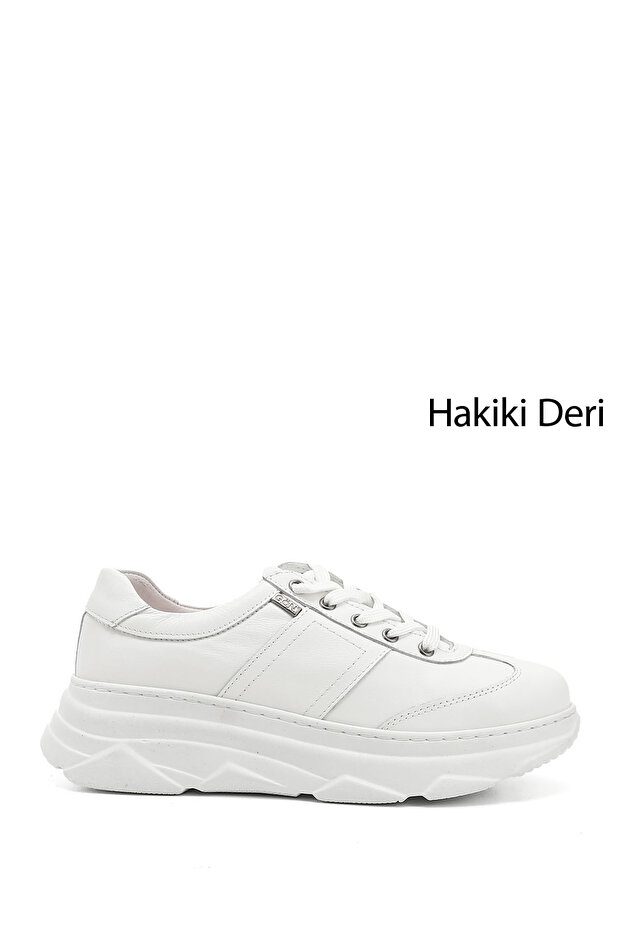 Women's White Padded Sole Lace-Up Genuine Leather Sneakers