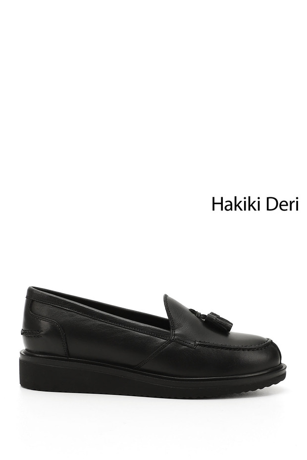 Women's Black Wedge Sole Genuine Leather Loafer Shoes