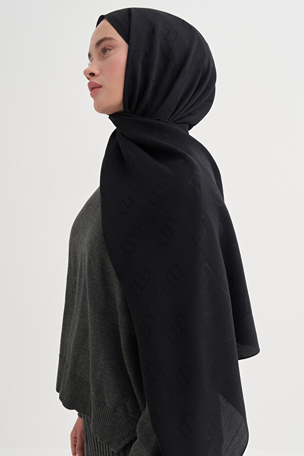 Monogram Pattern Liora Cotton Shawl Black