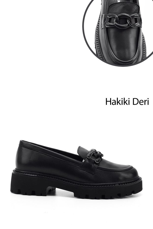 Women's Black Thick Heeled Buckle Genuine Leather Loafer Shoes