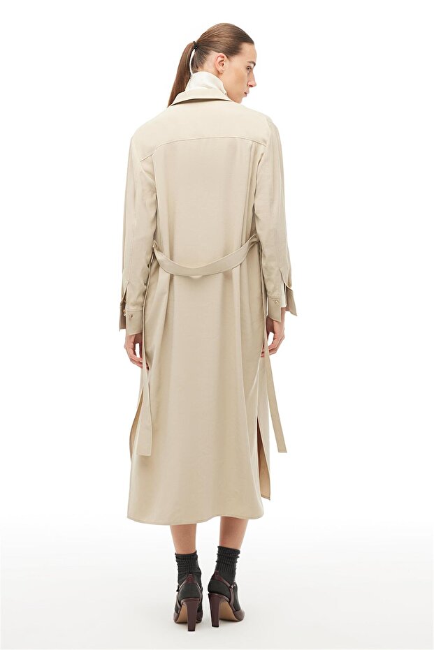 Bej Gömlek Yaka Midi Elbise - 4