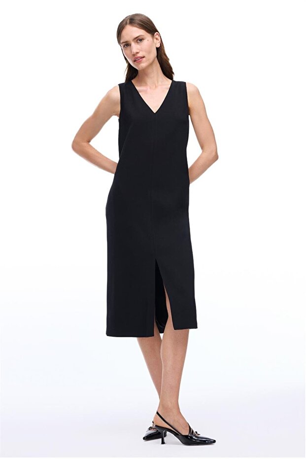 Siyah V-Yaka Midi Elbise - 3
