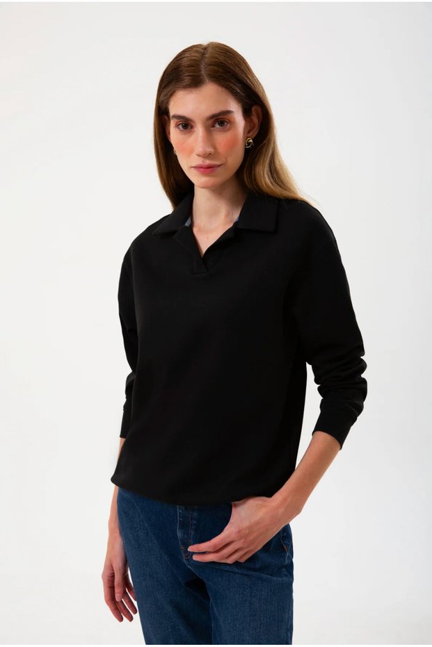 Organic Cotton Women's Black Polo Neck Sweatshirt