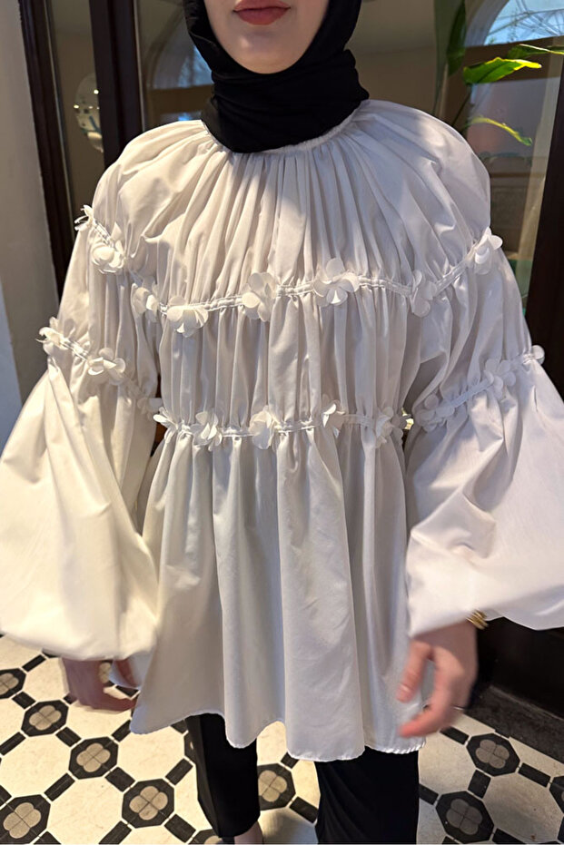 Mini Çiçekli Gömlek - Ekru - 8