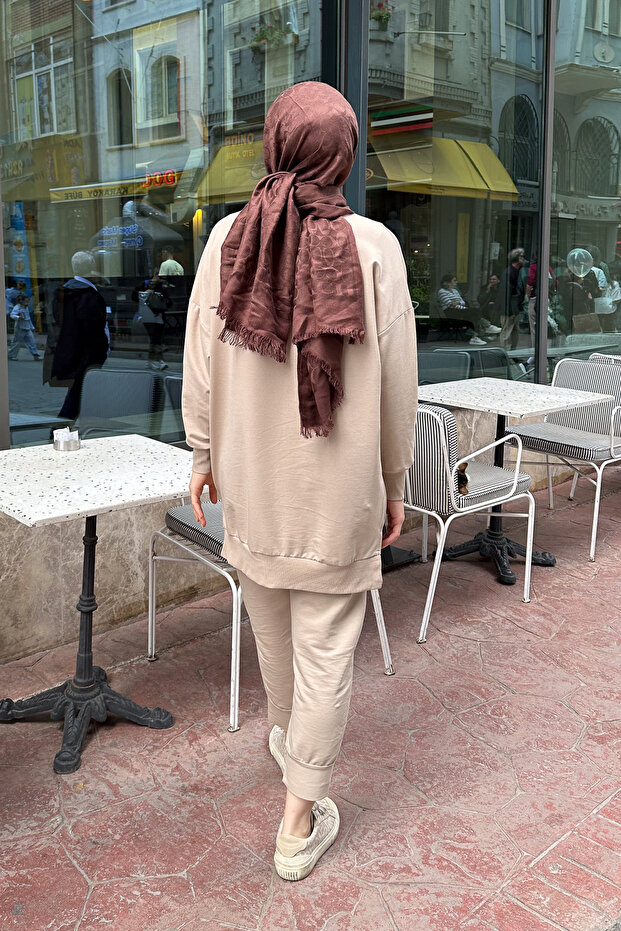 Minimal Düz Basic Sweat - Bej - 5