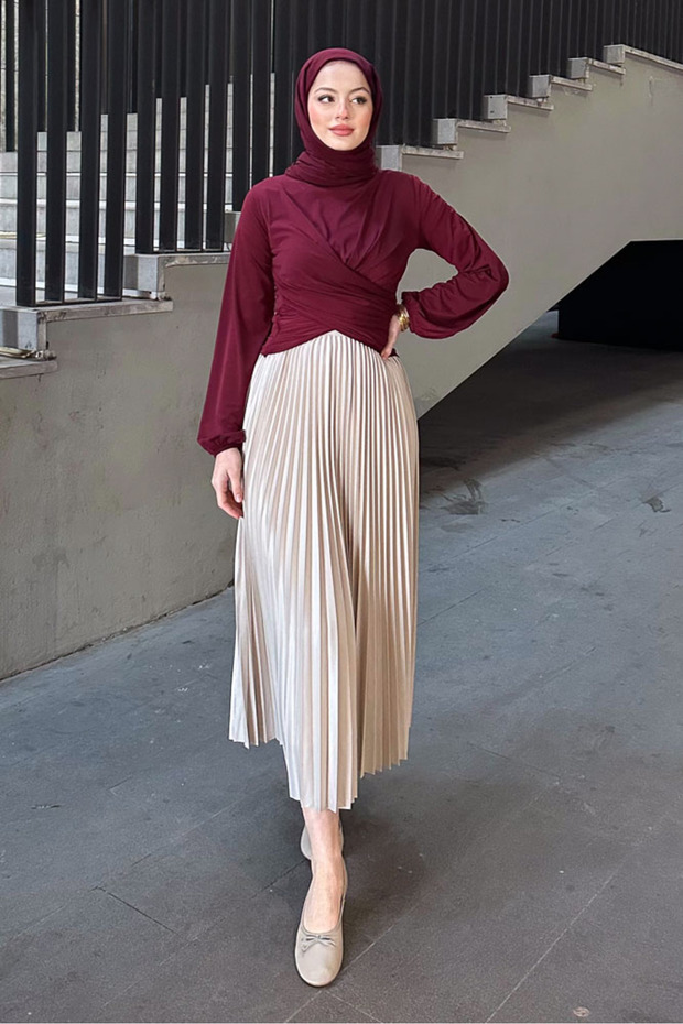 Çift Drapeli Bluz - Bordo - 8