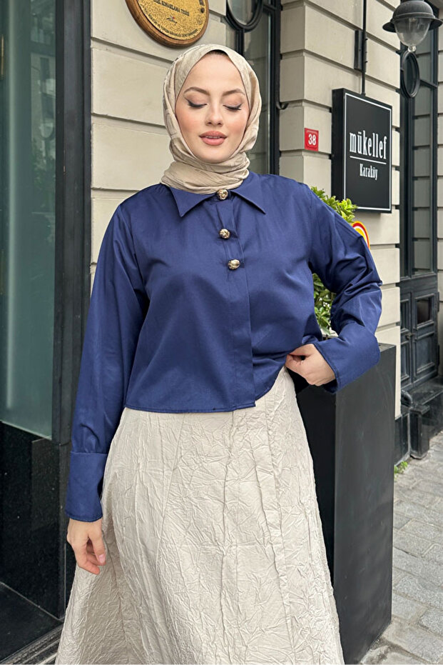 قميص بثلاثة أزرار - أزرق داكن - 1