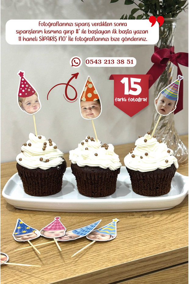 Tasarımco Doğum Günü Parti Cup Cake Süsü, Fotoğraflı Pasta Süsü 15 Adet