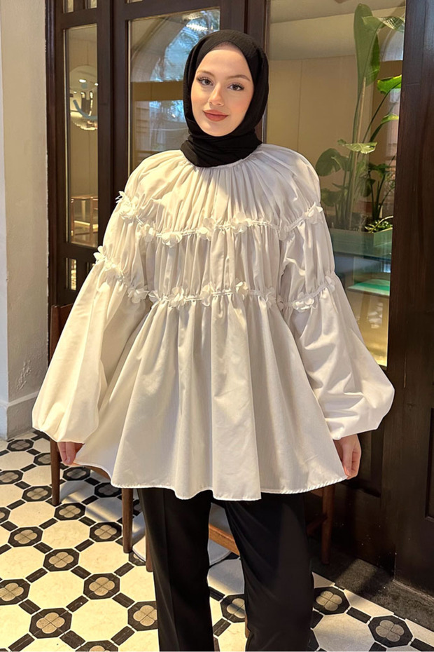 Mini Çiçekli Gömlek - Ekru - 4