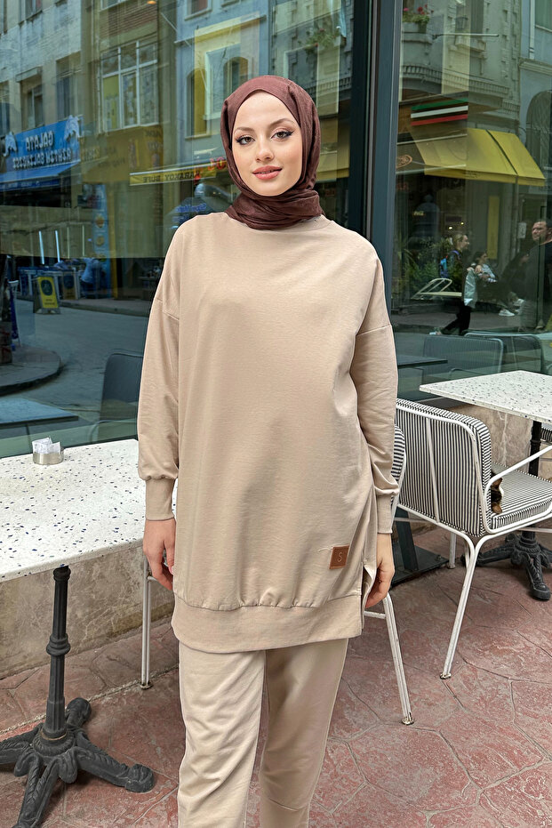 Minimal Düz Basic Sweat - Bej - 7