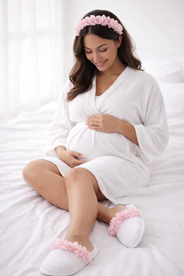 Maternity Crown Slippers Set | Pink Chiffon Floral, Non-Slip Sole, Postpartum Mother Set