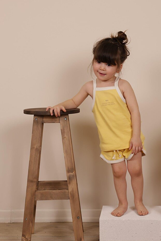 Pastel Sarı Askılı Şortlu Takım - 4