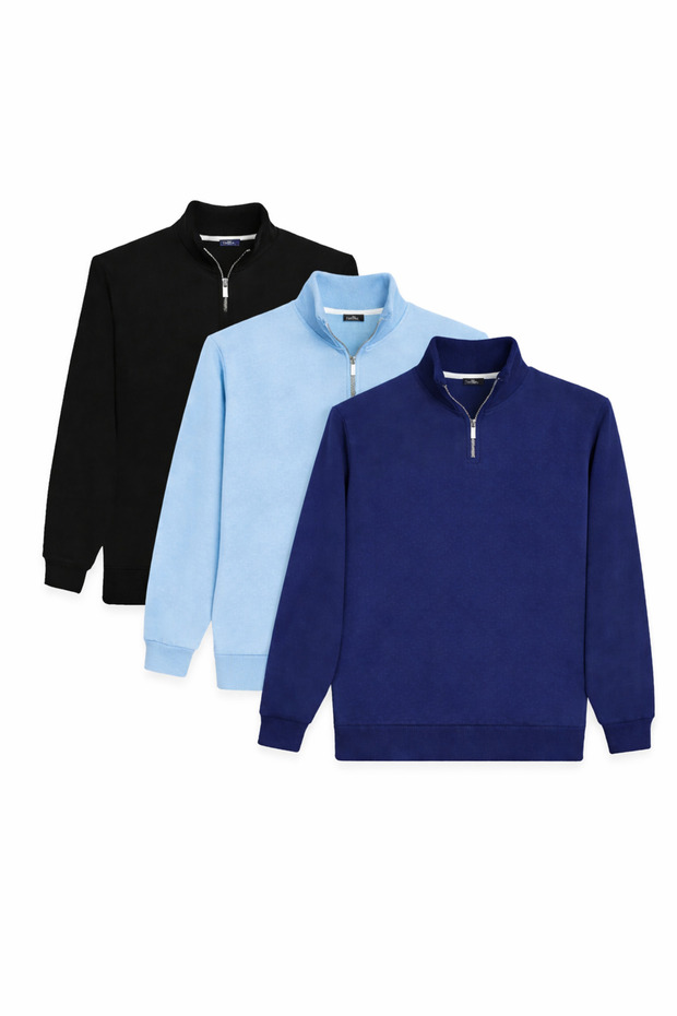 Unisex 3-Pack Black-Blue-Navy Blue Relax Fit Cotton Half-Zip Stand Collar Sweatshirt