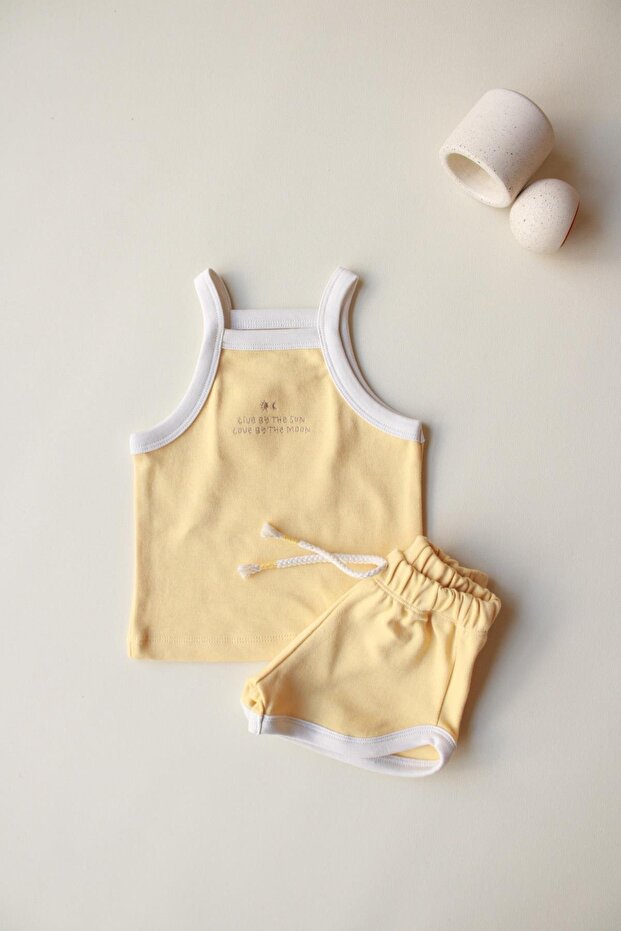 Pastel Sarı Askılı Şortlu Takım - 8