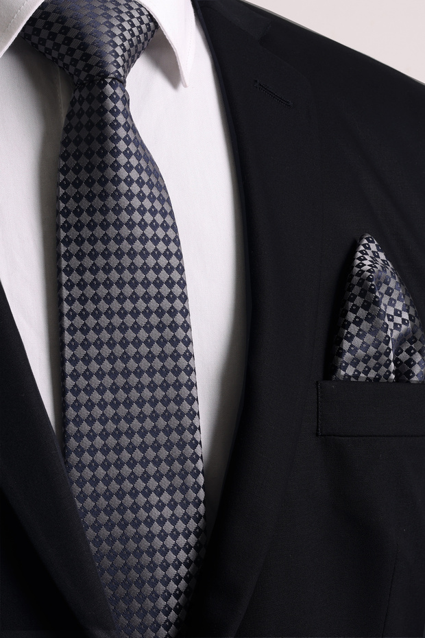 Hand Made 7.5 cm Gray - Navy Blue Patterned Tie Handkerchief