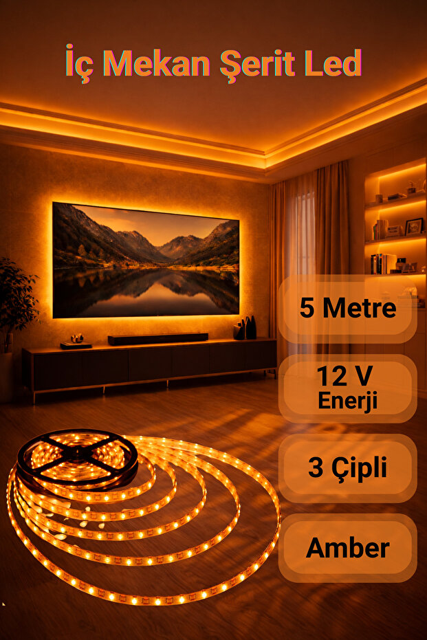 ga gözde aydınlatma 5 m ◆ 3 Çipli Şerit Led Amber Işık ◆ İç Mekan ◆ Yüksek Lümen ◆ Ekstra Kalın PCB ◆( TRAFOSUZ )