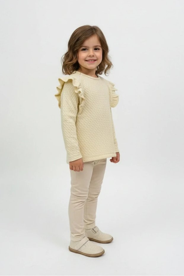 Girl's Body Suit with Ruffles on the Shoulder in Beige