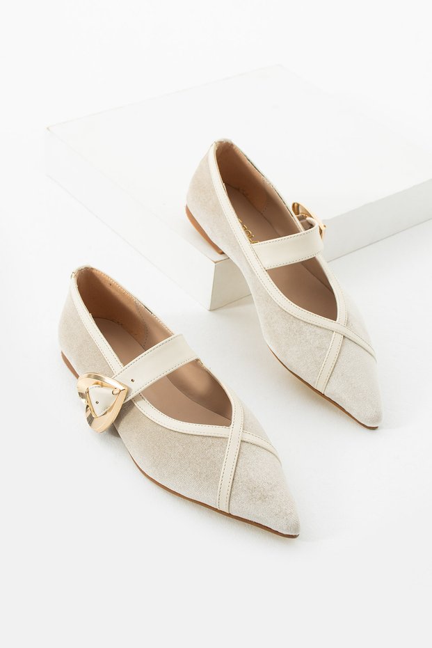 Women's Beige Velvet Ballet Flats Pointed-Toe Buckled Casual Shoes Nero