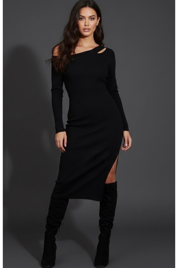 Women's Black Asymmetrical Neckline Window Slit Midi Dress Be189