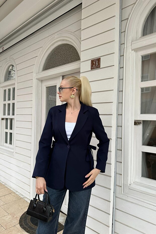 Mono Collar Single Button Two Side Lace-Up Detail Jacket