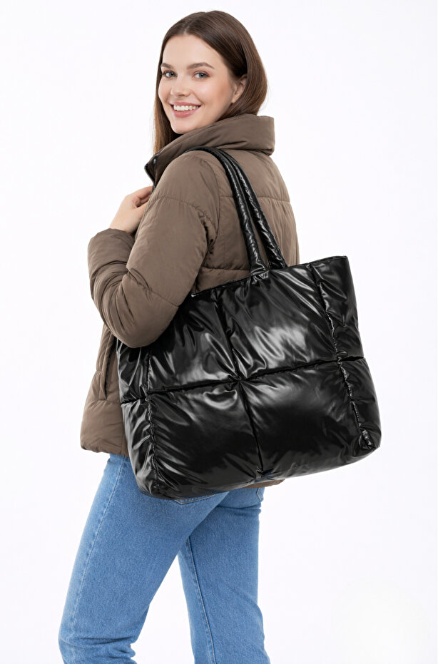 Black Quilted Inflatable Pouf Women's Shoulder Bag
