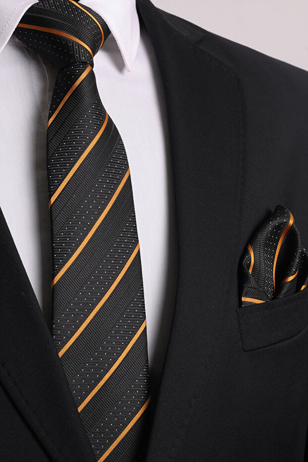 Hand Made 7.5 cm Black Gold Striped Pattern Tie Handkerchief