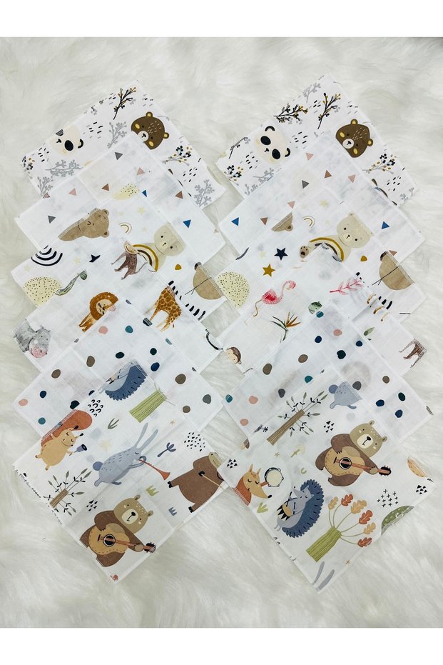 Pack of 12 Patterned Muslin Baby Mouth Wipes 100% Cotton 20*20 cm Oeko-Tex Certified