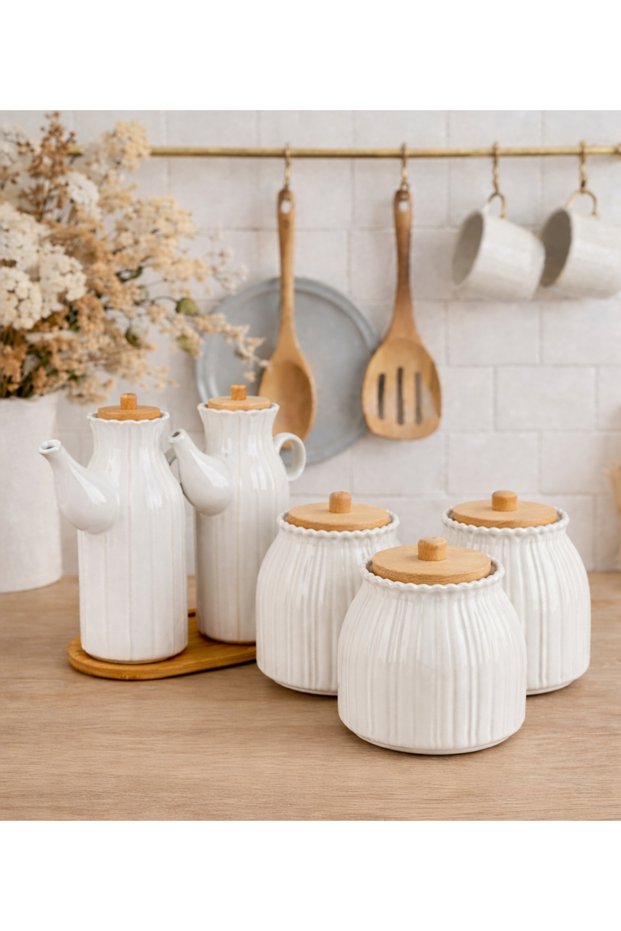6 Piece Bamboo Stand Daisy Porcelain Set of 2 Oil Pots and 3 Daisy Jars