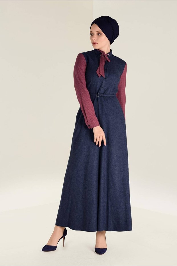 Lace-Up Collar Waist Belt Dress 4608