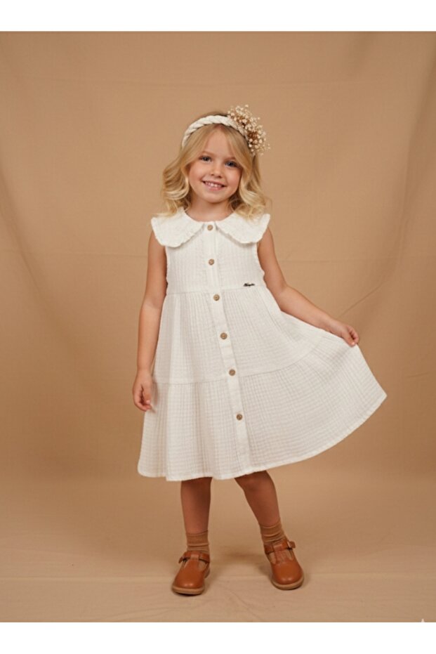 Girl's Baby Collar Button Closure Woven Muslin Fabric Dress
