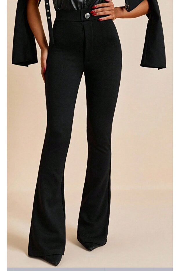 Black Button Detail High-Waist Flared Interlock Knit Leggings Pants