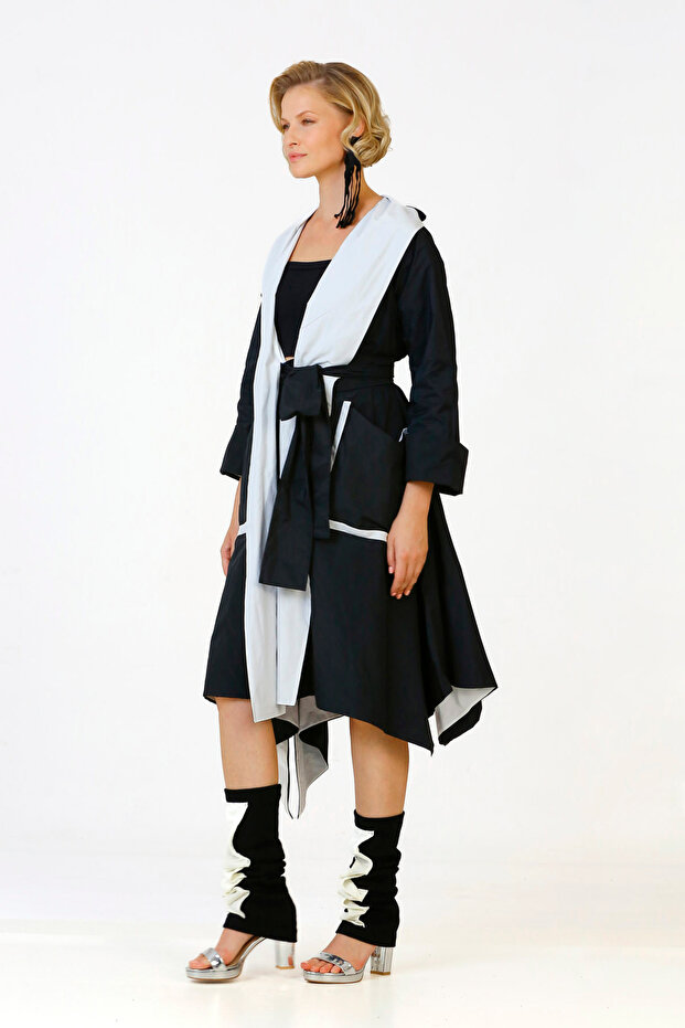 Çift Renkli Pardesü - Siyah - 3